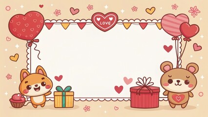 Fototapeta premium A cute cartoon baby bear celebrates with a pink heart on a fun baby shower invitation card