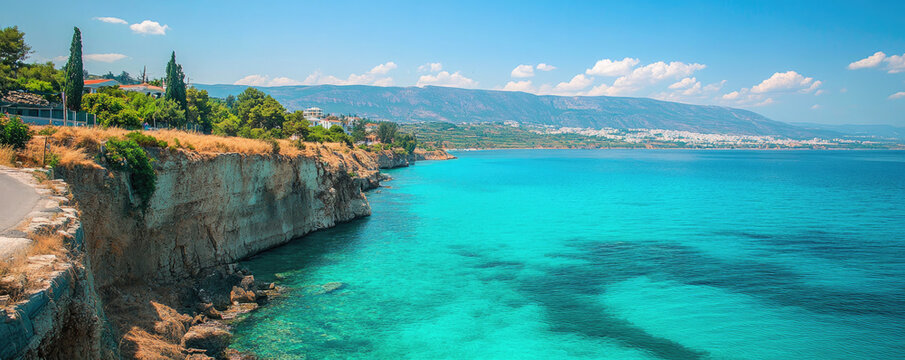 Panoramic coastal landscape, turquoise Mediterranean waters, rocky cliffs, cypress trees, sunny blue sky, white puffy clouds, clear azure sea, idyllic seaside scenery, Greek island vista, summer parad - Powered by Adobe