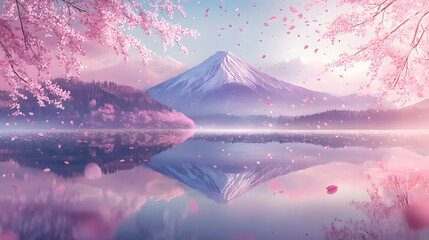Serene Sakura Spring Mount Fuji Reflection in a Tranquil Lake