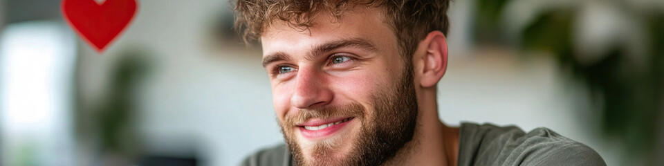 Obraz premium Portrait of a Smiling Young Man with Curly Hair and Beard