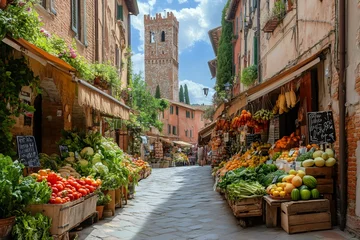 Fotobehang Fruit and vegetable market stalls lining a cobblestone street in tuscany, italy © Lubos Chlubny