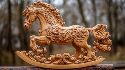 Fototapeta premium Discover timeless artistry with our exquisite wooden rocking horse, showcasing fine carved details and traditional craftsmanship This heirloom-quality piece evokes nostalgia and adds a touch of