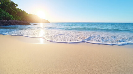 Obraz premium serene beach at sunrise with soft waves washing onto smooth sand