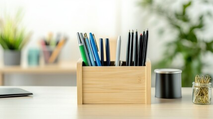 Obraz premium Assorted pens in wooden organizer on desk.
