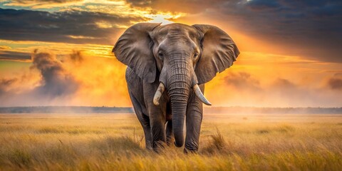 Obraz premium Majestic Elephant Walking in Golden Sunrise Over African Landscape