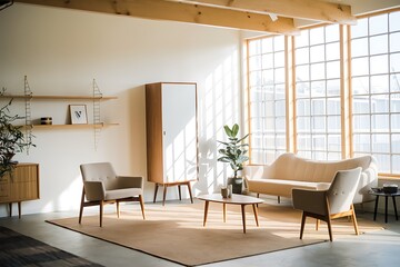 Modern Living Room: Sunlit Scandinavian Elegance with Wood & Plaster