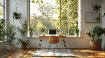 Sunlit Home Office Workspace With Abundant Plants