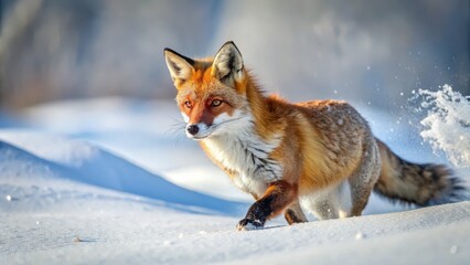 Obraz premium Captivating Red Fox Running on Snowy Landscape in Winter Wonderland