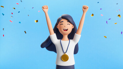 Cheerful Cartoon Girl Celebrating Victory with Medal and Confetti