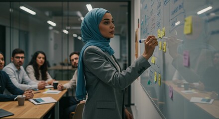 Obraz premium Muslim Businesswoman in Hijab Writing on Whiteboard in Meeting