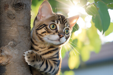  bengal cat climbing tree