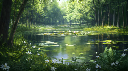 Fototapeta premium Serene Forest Pond with Water Lilies and Lush Greenery