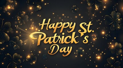 Elegant Golden Script 'Happy St. Patrick's Day' with Glowing Clovers and Light Effects