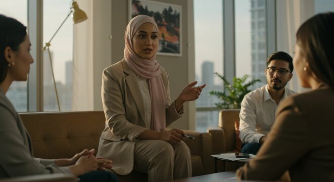 Muslim Businesswoman in Hijab Engaging in Team Discussion
