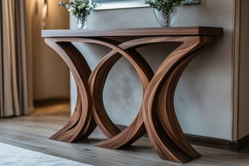 Elevate your home's entrance with this stunning unique wooden entryway table Showcasing sculptural asymmetrical legs and exquisite custom woodwork, this console table adds artistic flair to your