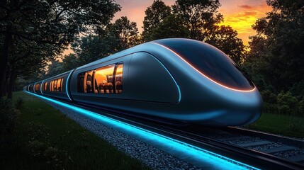 Obraz premium Futuristic train gliding through a serene forest at sunset, showcasing modern design
