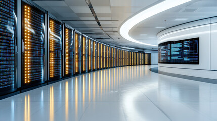 sleek modern data center filled with glowing servers and digital displays