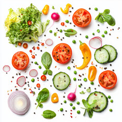 Vibrant vegetables and herbs scattered on white Fresh ingredients for a healthy salad.