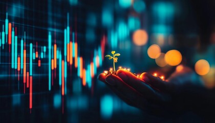Financial Growth Concept Hand Holding Sprout, Illuminated Stock Market Graph in Background