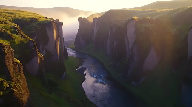 Golden Hour at Fja�r�rglj�fur Canyon, Iceland Aerial View