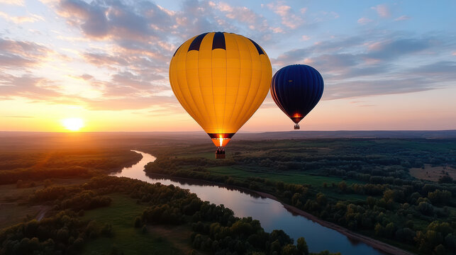 Aerial view of colorful hot air balloons at sunset over river - Powered by Adobe
