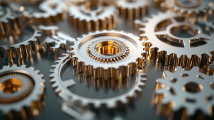 A creative concept of interconnected gears in soft grays and metallic gold, symbolizing business efficiency and innovation