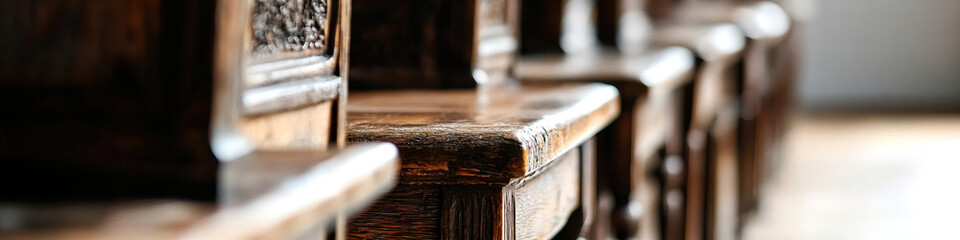 Row of Antique Wooden Chairs with Carved Details