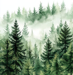 Obraz premium Misty_forest_panorama_with_evergreen_trees,_watercolor_effect.