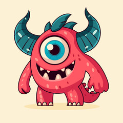 Fototapeta premium WThis is a cute, cartoon-style red monster with a single large blue eye, sharp teeth, and a big smile. It has two curved teal horns, small spikes on its head, and a short tail. The background is a seb