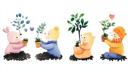 The International Day of Happiness, A group of volunteers planting trees and promoting environmental awareness in a high-fidelity image.