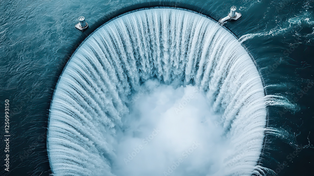 Poster aerial view of large water turbine creating powerful vortex in body of water, showcasing dynamic flo