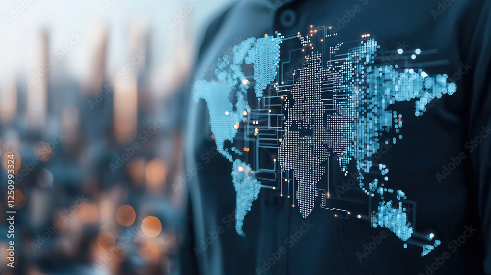 Poster digital world map design on shirt, showcasing global connectivity and technology. background feature