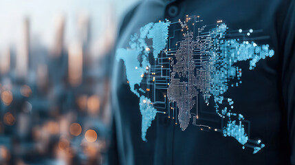 Digital world map design on shirt, showcasing global connectivity and technology. background features blurred cityscape, emphasizing urban life and innovation