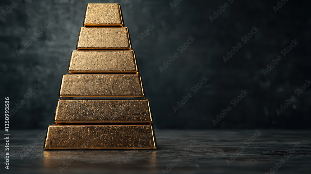 Poster gold bars stacked in ascending order create striking visual on dark background, symbolizing wealth a