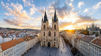 Fototapeta premium stunning aerial view of Prague Old Town Square sunset, showcasing gothic architecture and