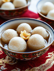 Fototapeta premium Traditional_Asian_sweets_served_in_a_shallow_bowl_on_a_red_and_gold_patterned_tablecloth.