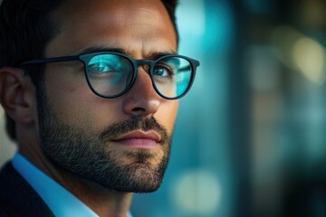 A portrait of a businessman with glasses, reflecting on future goals with a subtle blend of steel blue and ash gray tones