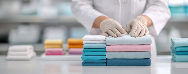 Folding fabric samples in laboratory setting, showcasing various colors and textures. technician wears gloves, emphasizing cleanliness and precision in testing process