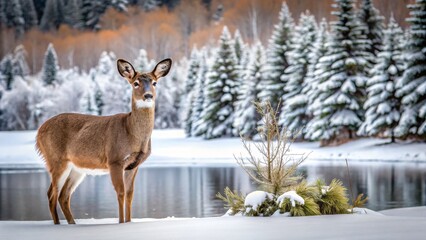 Majestic Deer Standing by Snowy Lake in Winter Wonderland Scene