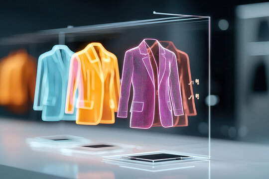 Virtual fashion showroom showcasing holographic textiles and colorful suits. innovative display highlights modern technology in fashion design, creating engaging shopping experience