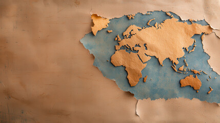 Obraz premium Weathered parchment world map with torn edges and faded ink, showcasing vintage aesthetic. map features textured background that adds depth and character