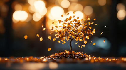 Whimsical golden tree with translucent glowing leaves surrounded by falling leaves, creating magical atmosphere in serene setting