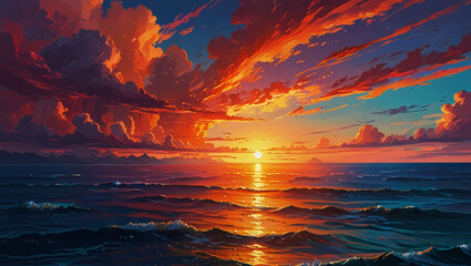 Beautiful Sunset Over the Ocean, Painting the Sky with Bright Colors