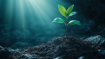 Single sprout growing in dark soil illuminated by light.