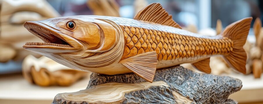 Explore the artistry of handcrafted wood carvings with this captivating image showcasing a Hand-carved wooden fish sculpture with realistic details Marvel at the intricate fine woodworking that
