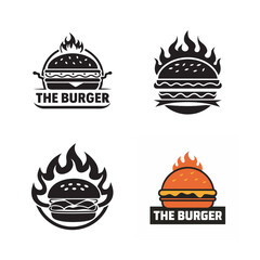 a bold logo featuring a burger silhouette with flames