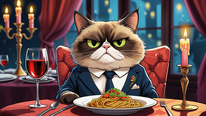 Grumpy Cat at Dinner Table, Formal Setting