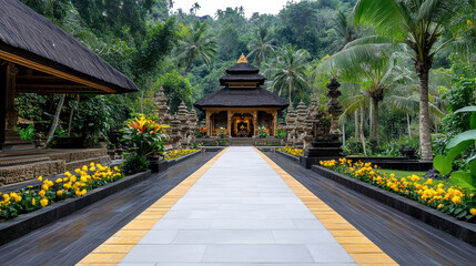Fototapeta premium serene Balinese temple surrounded by lush greenery and vibrant flowers
