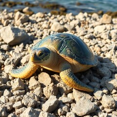 Fototapeta premium High-resolution stock photo showcasing a Chelonia mydas Green sea turtle on a rocky Cypriot shore. Commercial use. The photo should highlight the texture of the rocks and the turtle's shell