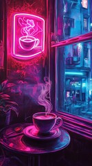 Neon Glowing Coffee Cup with Vibrant Steam Art